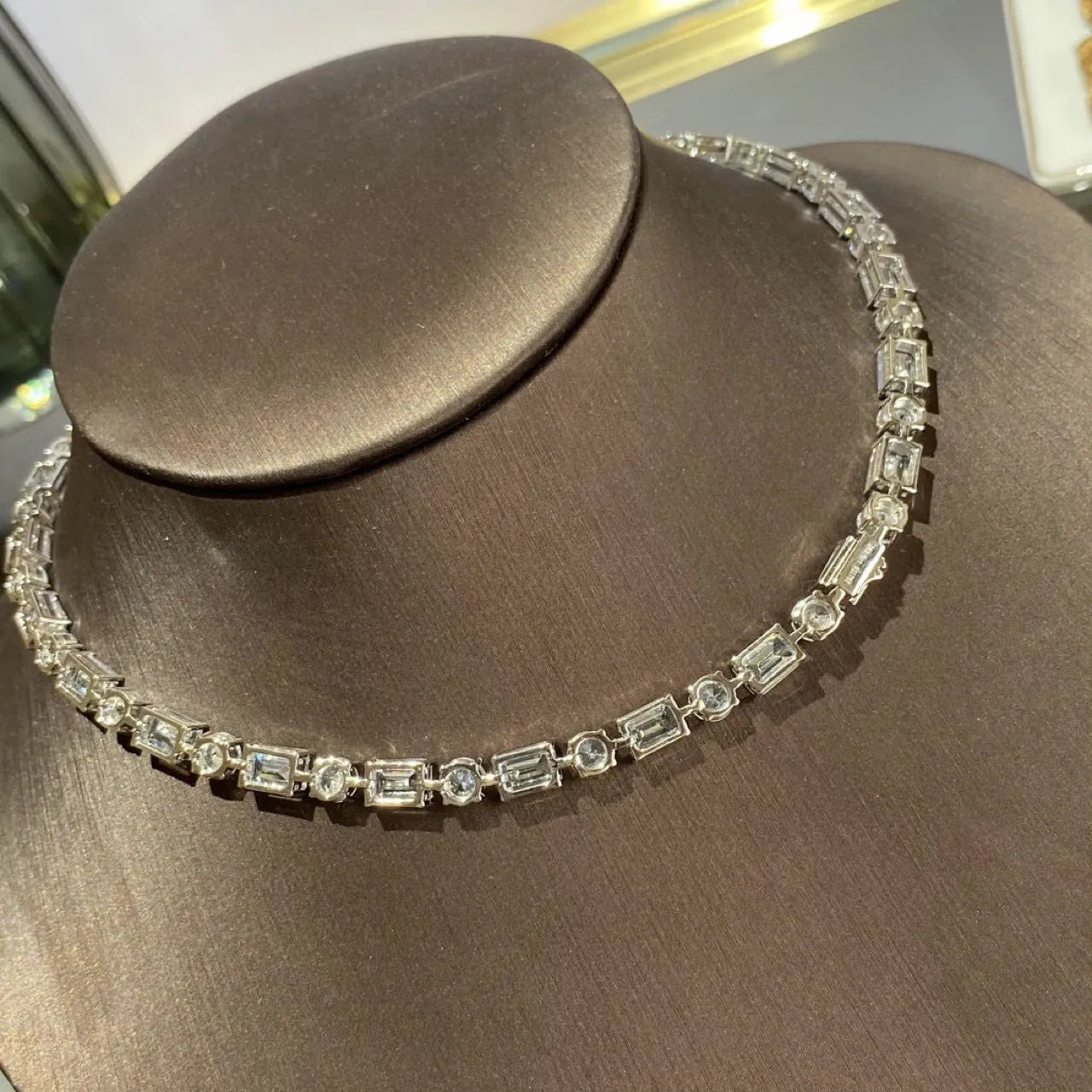 Moissanite single row full diamond collarbone chain necklace for women in silver with geometric design