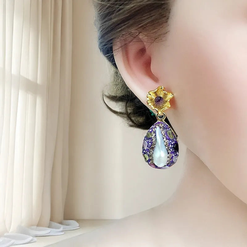 Purple pearl and crystal teardrop lotus leaf drop earrings for women with inlaid diamond detail