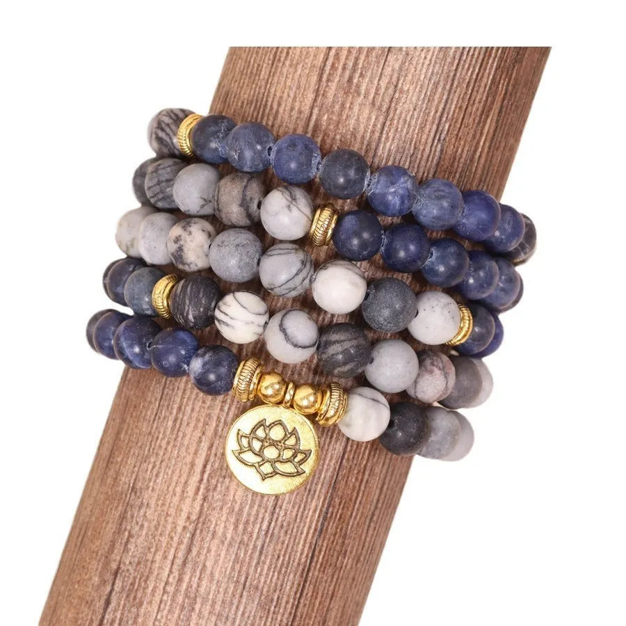 Blue multi layer alloy bracelet with patterned network stone beads in natural style