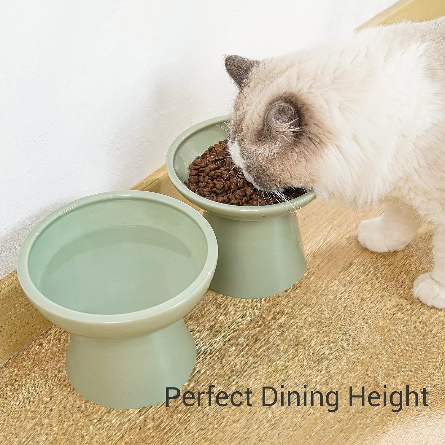 Blue elevated ceramic cat bowl with wide shallow dish for food or water.