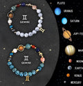 Two natural stone beaded bracelets showing different zodiac sign designs on a neutral background.