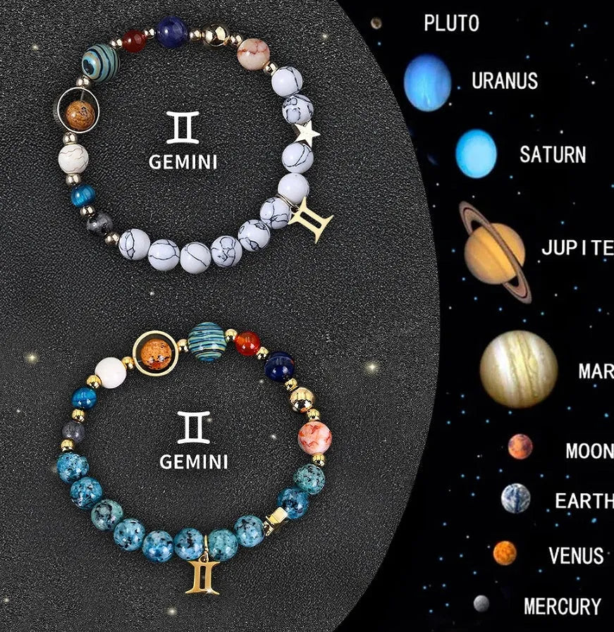 Two natural stone beaded bracelets showing different zodiac sign designs on a neutral background.