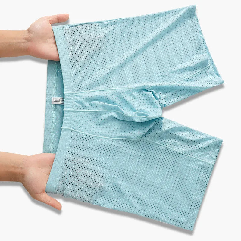 Men's nylon mesh boxer shorts in transparent lengthened design, mid-waist sports underwear, sizes M to XXL.