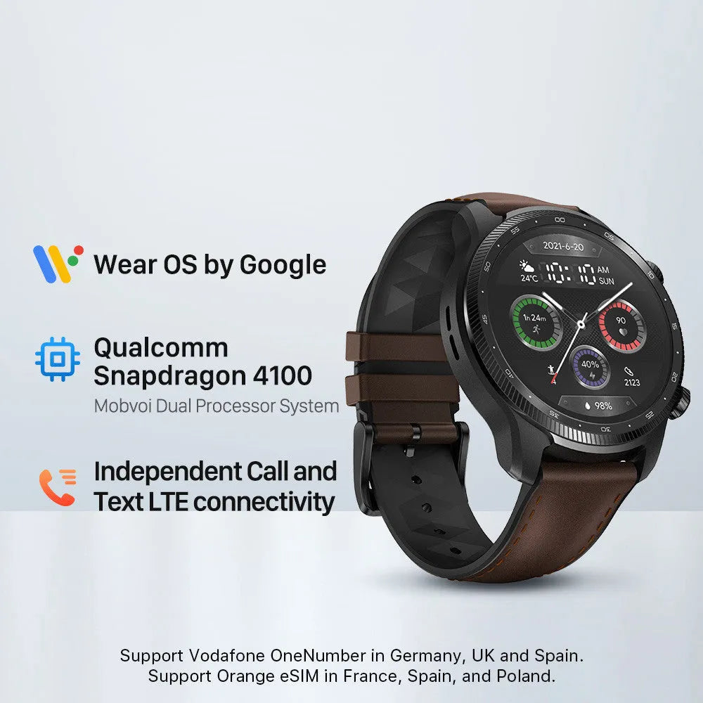 Ticwatch Pro X smart watch with 47mm case showing dual-layer display and sport band