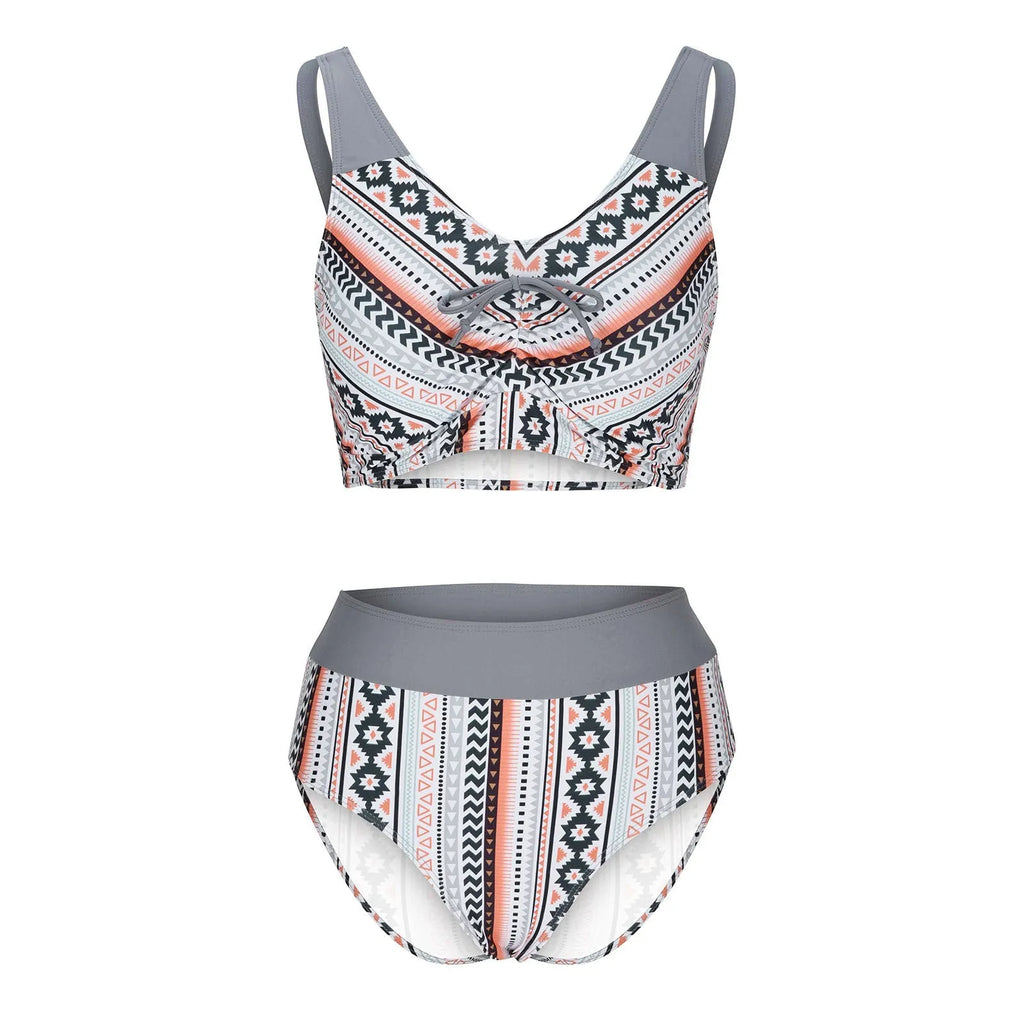 Blue women's cross sling one-piece swimsuit on a mannequin, showing the split design and back detail.