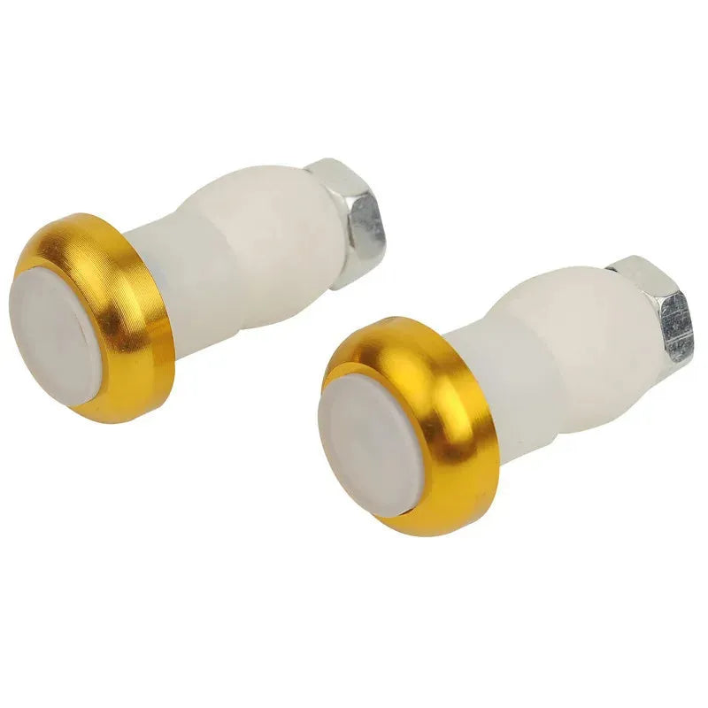 A pair of anodised aluminium bicycle handlebar end lights in a choice of colours, showing the red LED and white rubber switch.