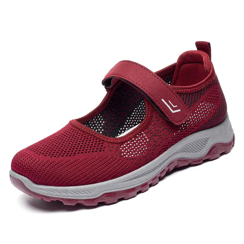 Women's Velcro walking shoes in Flyknit with mesh lining, low 1-3cm heel and round toe, Black And Purple