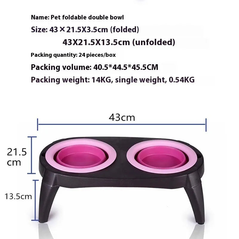 Blue and pink folding double bowl pet feeder made from TPR and PP materials portable travel dog bowl