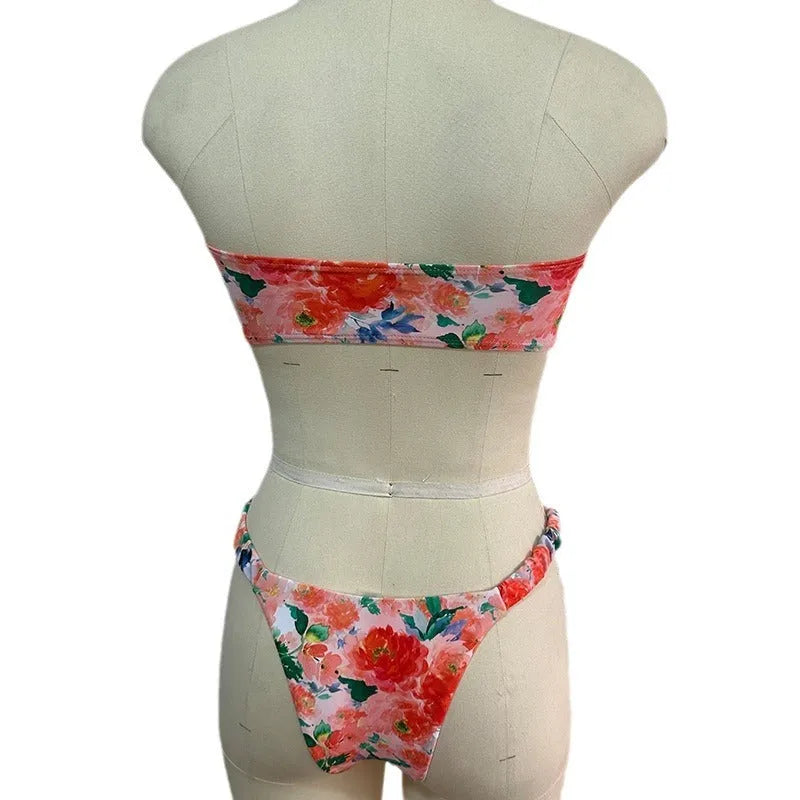 Printed tube top bikini with lace trim and floral pattern in European swimwear style