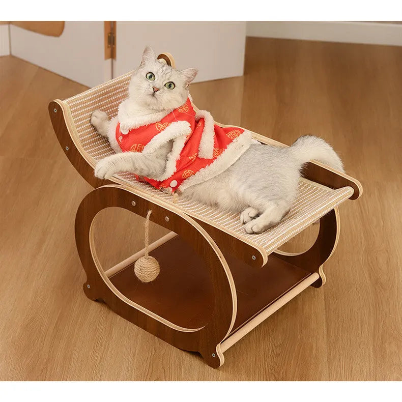 Solid wood cat tree with sisal scratching posts and a platform bed in walnut colour