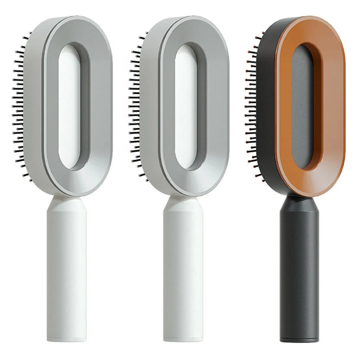 Self-cleaning air cushion hair brush in white, black gold, or black purple with ergonomic handle