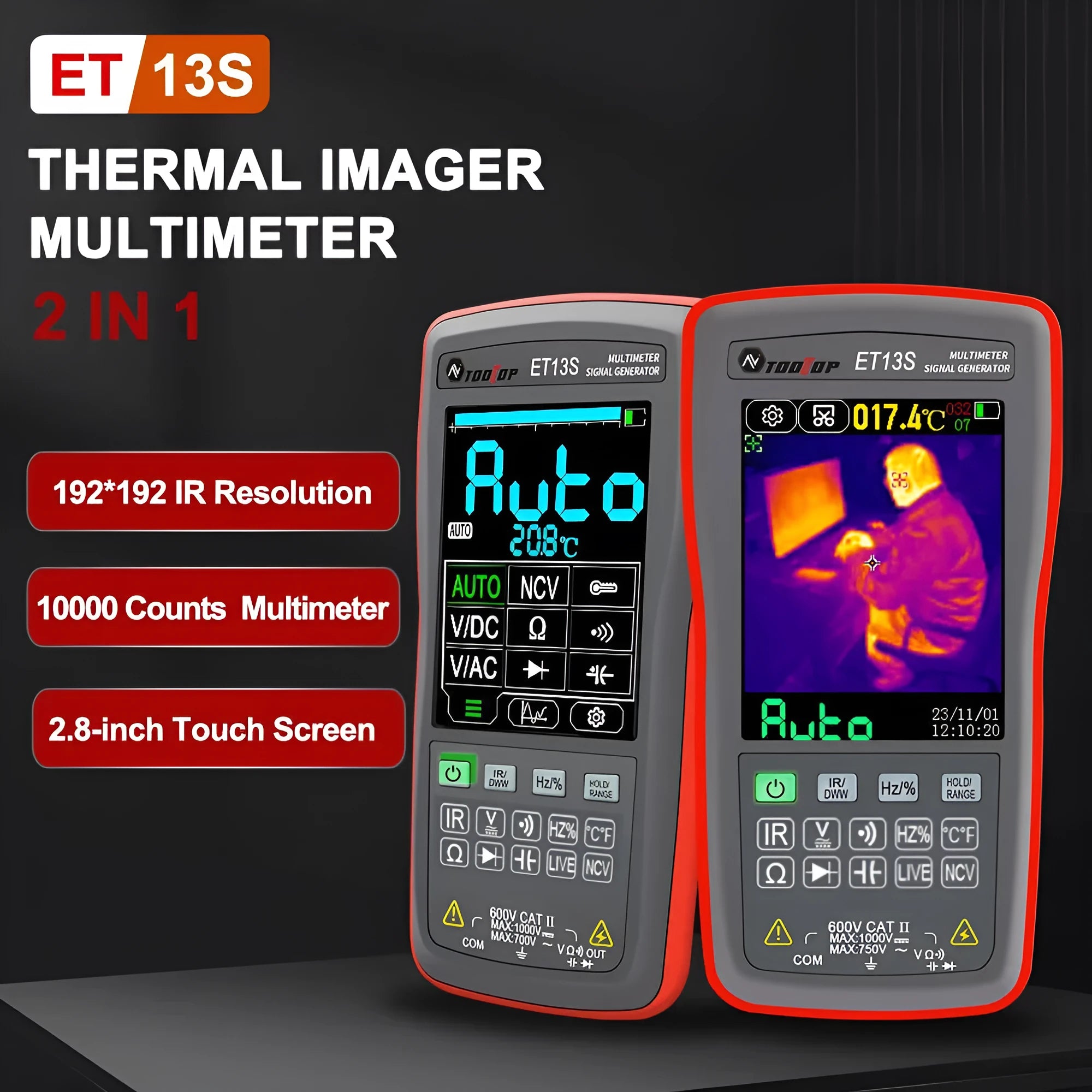 ET13S thermal imaging multimeter showing thermal camera display on its 2.8-inch screen.