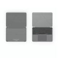 Grey folding Bluetooth wireless keyboard shown closed and open, for use with mobile phones and tablets.