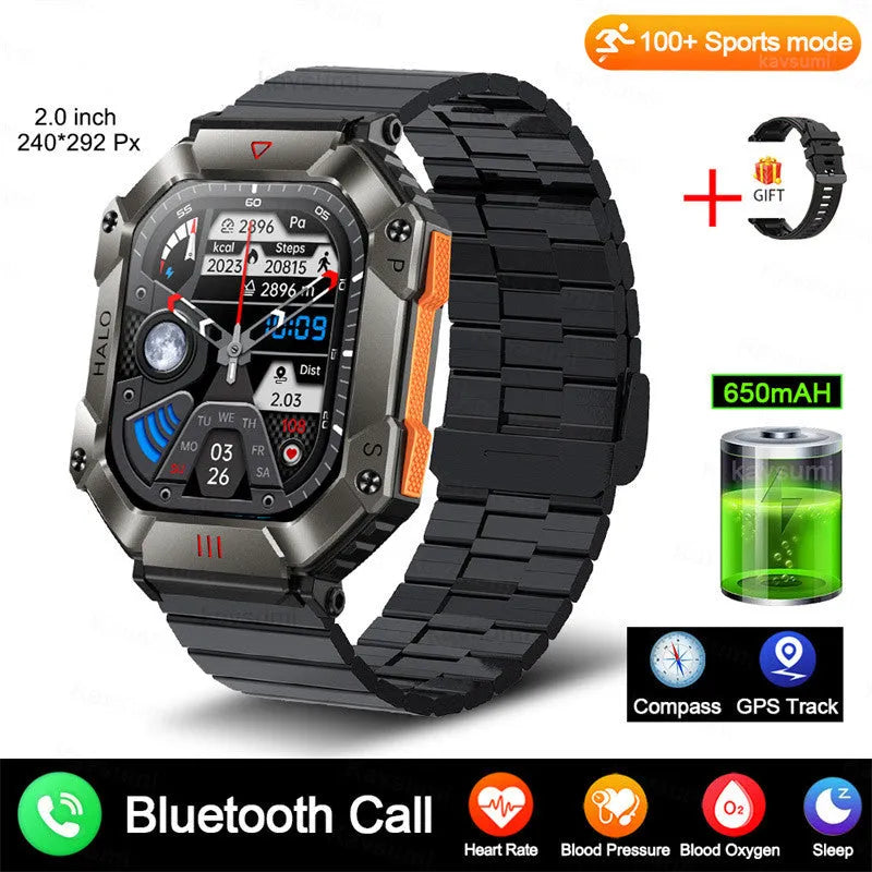Android GPS smart watch with Bluetooth call on wrist, showing resin dial and titanium alloy case with optional leather strap.