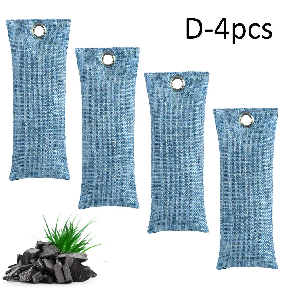 Black, green, grey and blue activated charcoal shoe deodoriser bags measuring 16.5cm.