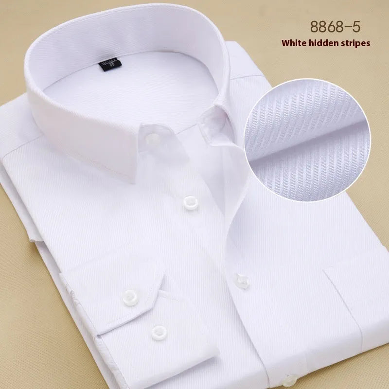 Men's black slim fit long sleeve business shirt in cotton fabric on a hanger