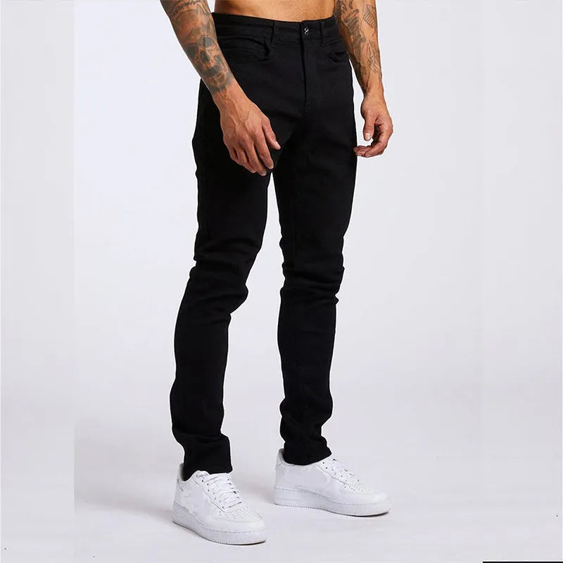 Men's fashion casual slim fit high waist cotton jeans in light blue, solid colour, size 28-36