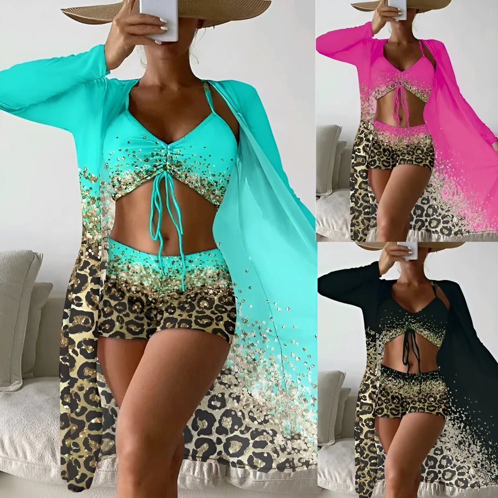 Women's lake blue swimsuit set with sleeveless sling top and high waist shorts