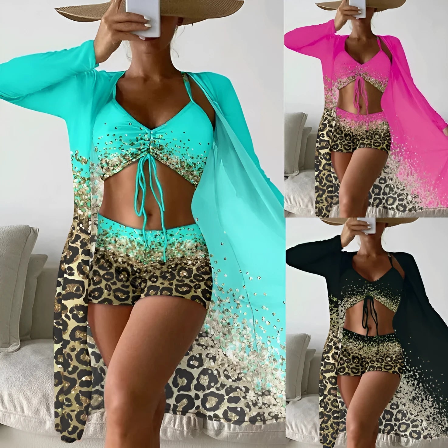 Women's lake blue swimsuit set with sleeveless sling top and high waist shorts