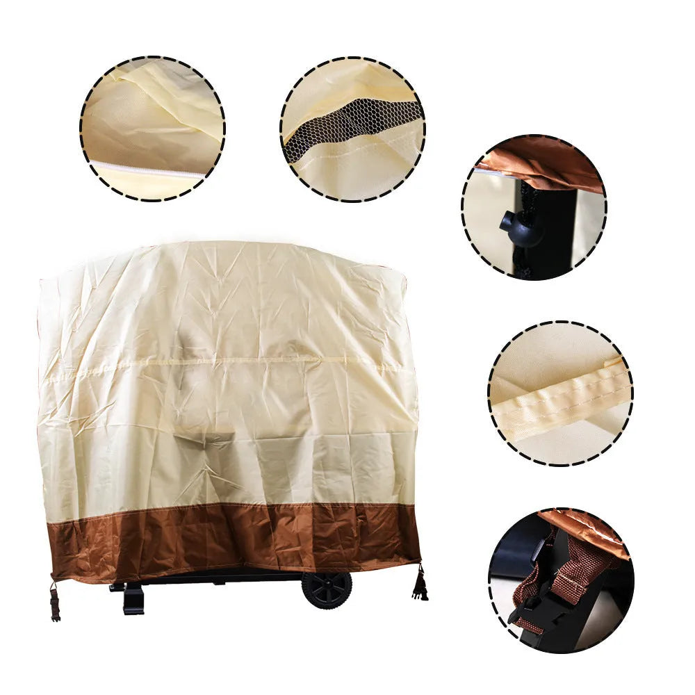 Beige polyester outdoor barbecue cover showing Nordic design with size options for grill protection
