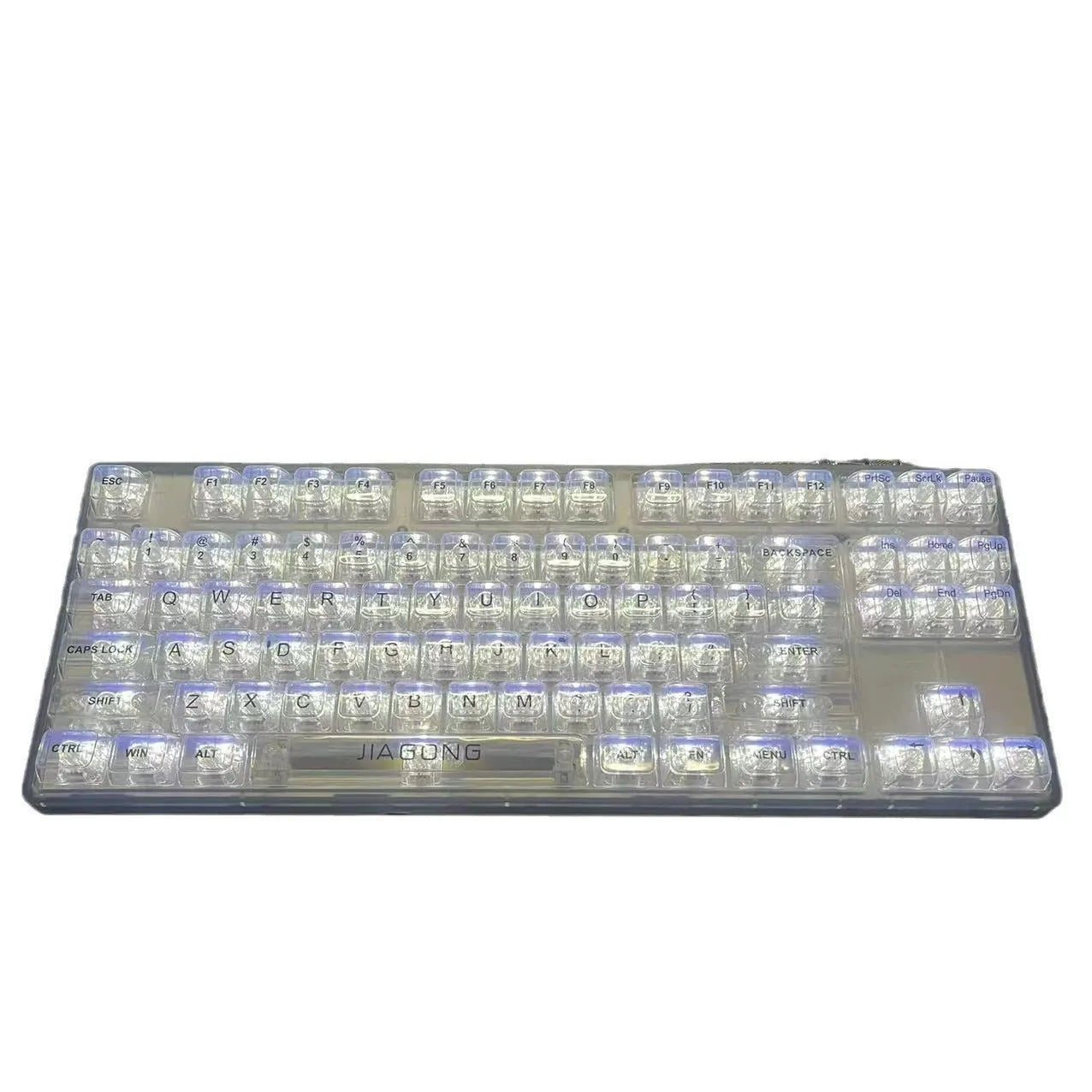 Transparent plastic 132-key mechanical keyboard cap set displayed in standard layout arrangement