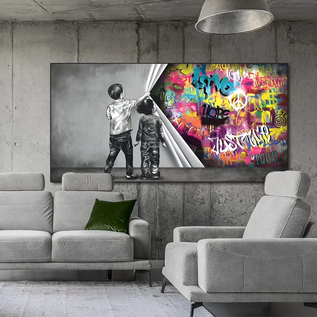 Children's graffiti wall art canvas abstract modern frameless print in unique shape for kids room