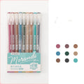 Set of nine retro-style gel pens with 0.5mm needle tips in assorted colours on a 15.2cm by 8.5cm card.