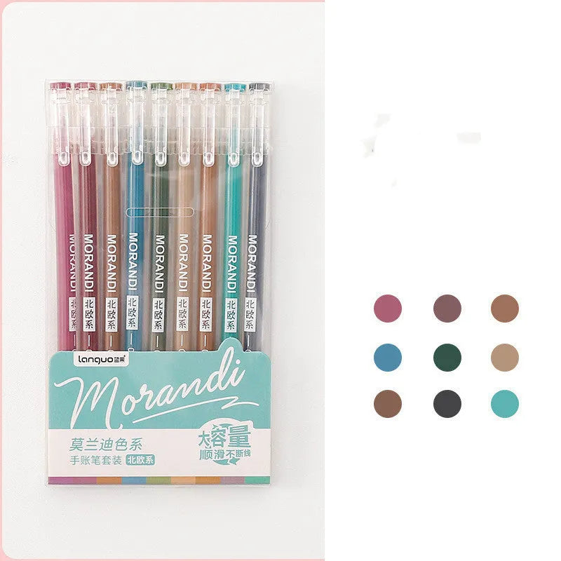Set of nine retro-style gel pens with 0.5mm needle tips in assorted colours on a 15.2cm by 8.5cm card.