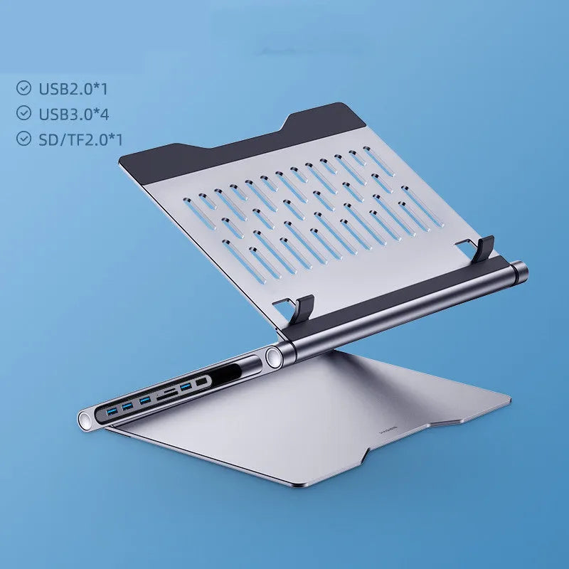 Aluminium alloy laptop stand with 8-in-1 USB-C docking station in deep space grey for notebook desk use