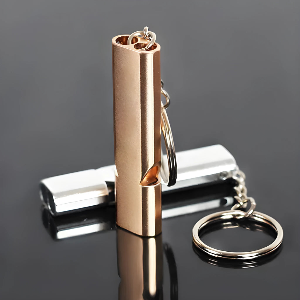 Gold and silver aluminium alloy double-hole survival whistle on a keyring.