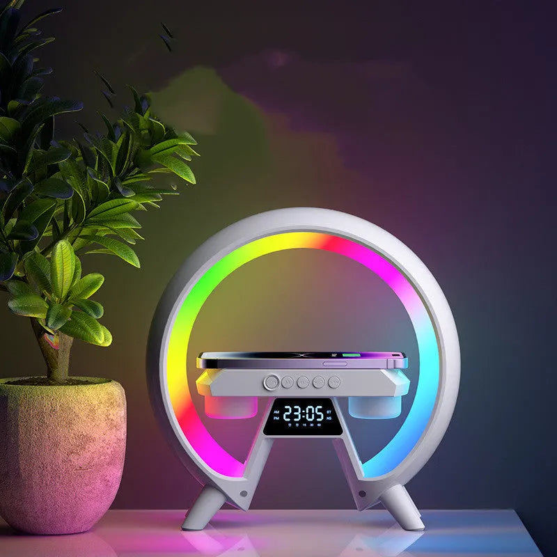 Bedside Bluetooth speaker with wireless charger and clock light, USB powered, 236mm round unit