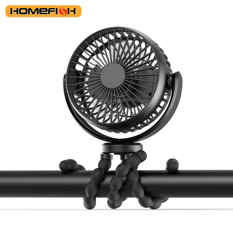 HOMEFISH F2 automatic shake head fan with clip, bracket, LED light, and removable front mesh.