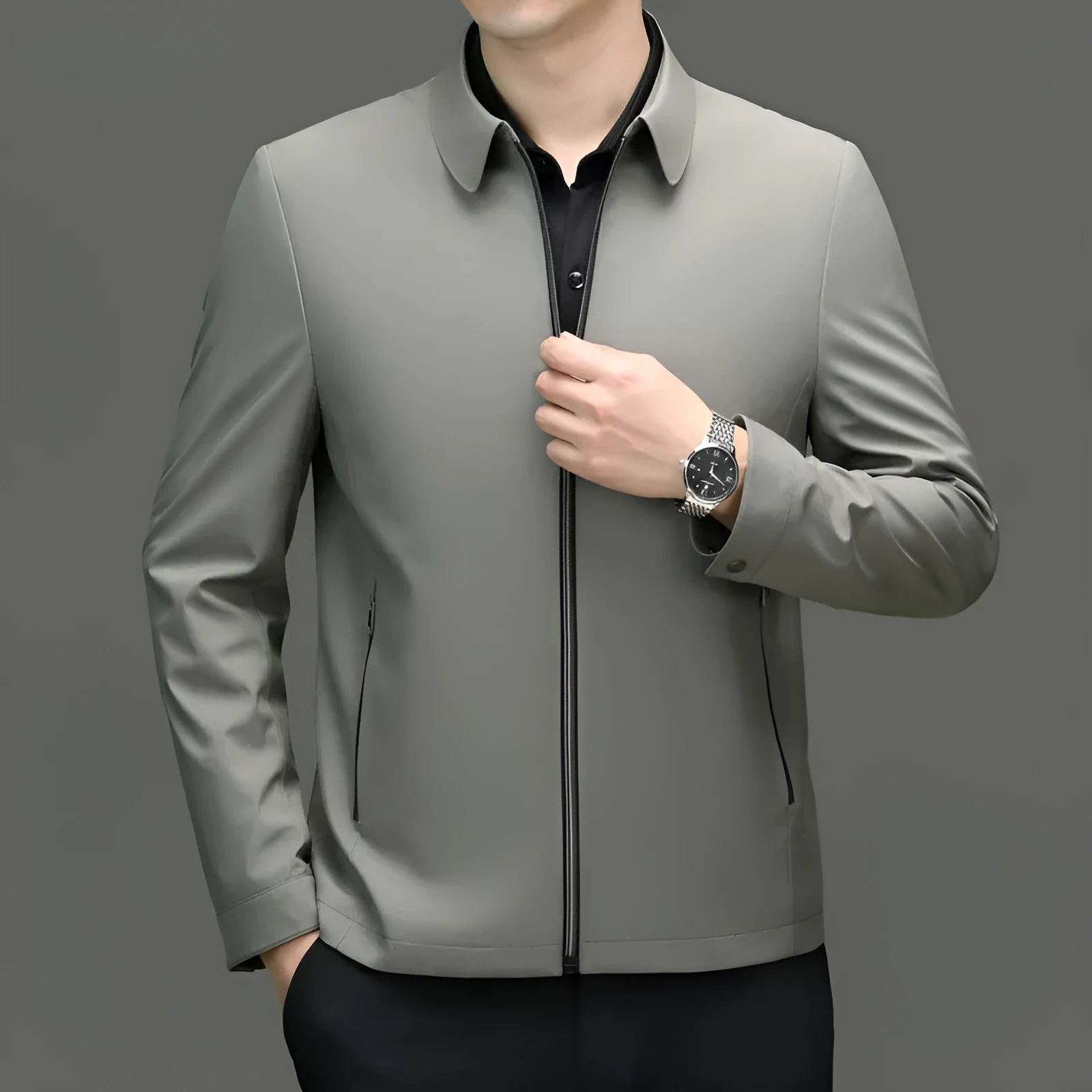 Men's lapel casual jacket in solid colour polyester blend with side seam pockets, light business style, front view