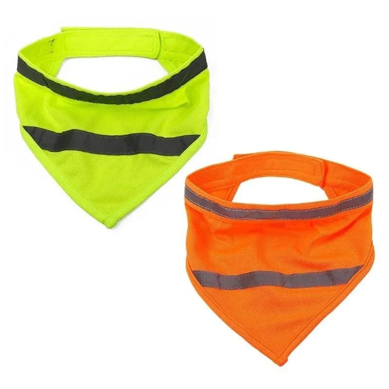Yellow and orange reflective dog bandana scarf with adhesive fastening strap laid flat.