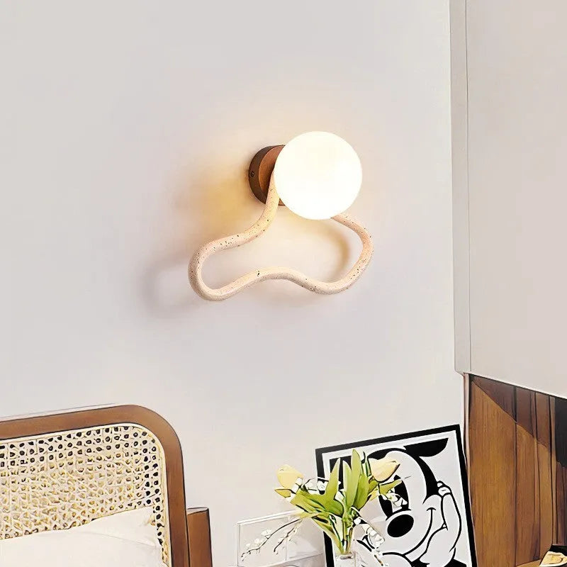 Middle Ancient cream style bedside wall lamp with travertine glass shade and solid wood base