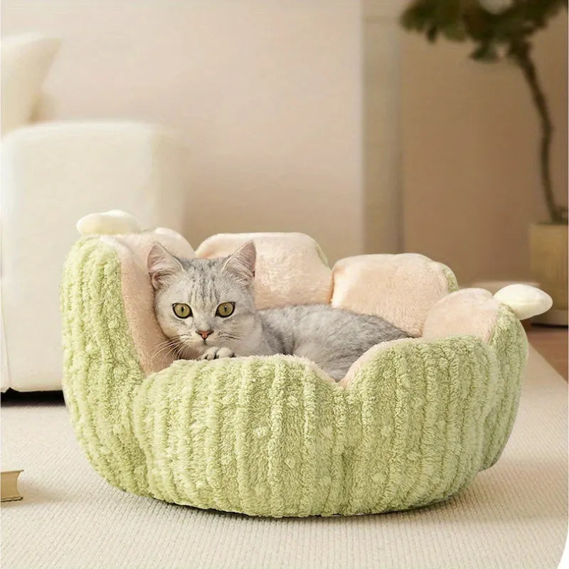 Green cactus print soft cat kennel showing enclosed pet house design.