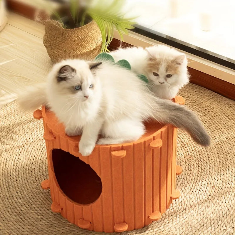 Orange carrot-shaped felt cat bed tunnel with entrance hole, shown in medium and large sizes.