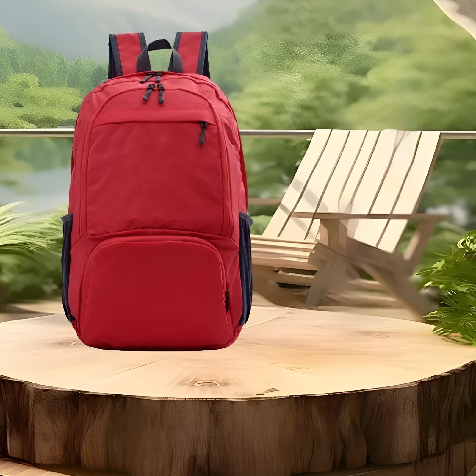 Foldable 26-inch waterproof backpack in Oxford cloth, shown in brick red colour.