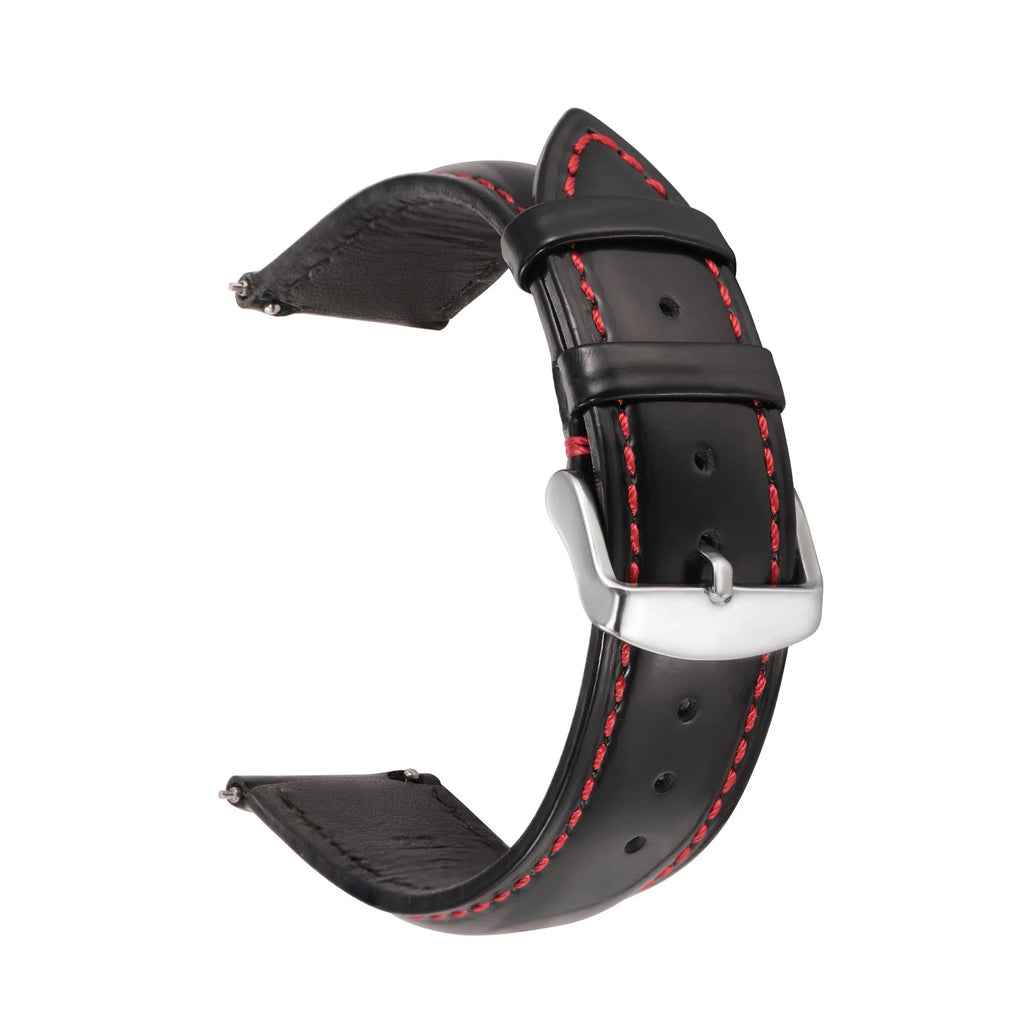 Quick-release leather watch strap in bright cowhide showing colour options and quick-release spring bar detail.
