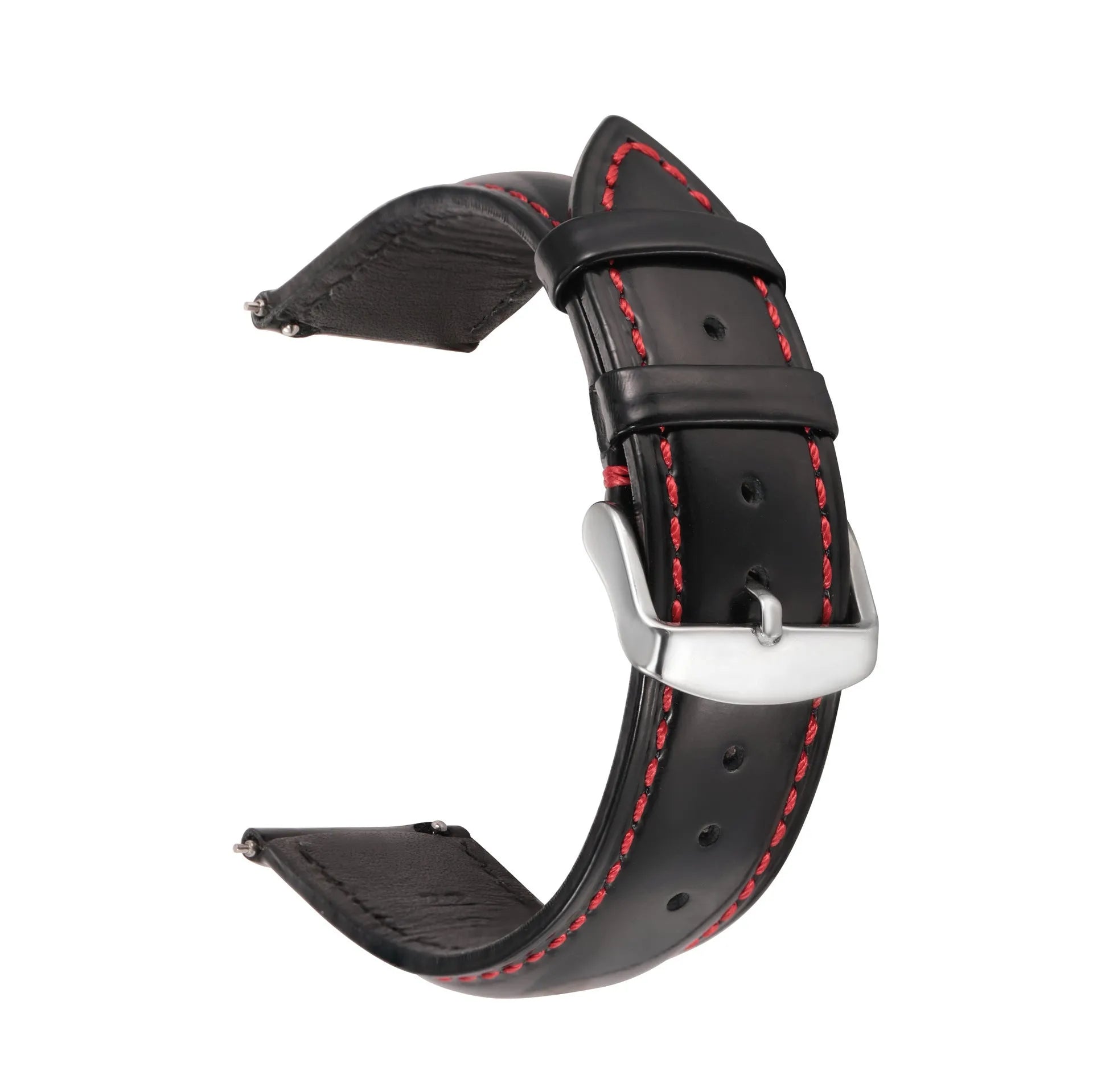 Quick-release leather watch strap in bright cowhide showing colour options and quick-release spring bar detail.