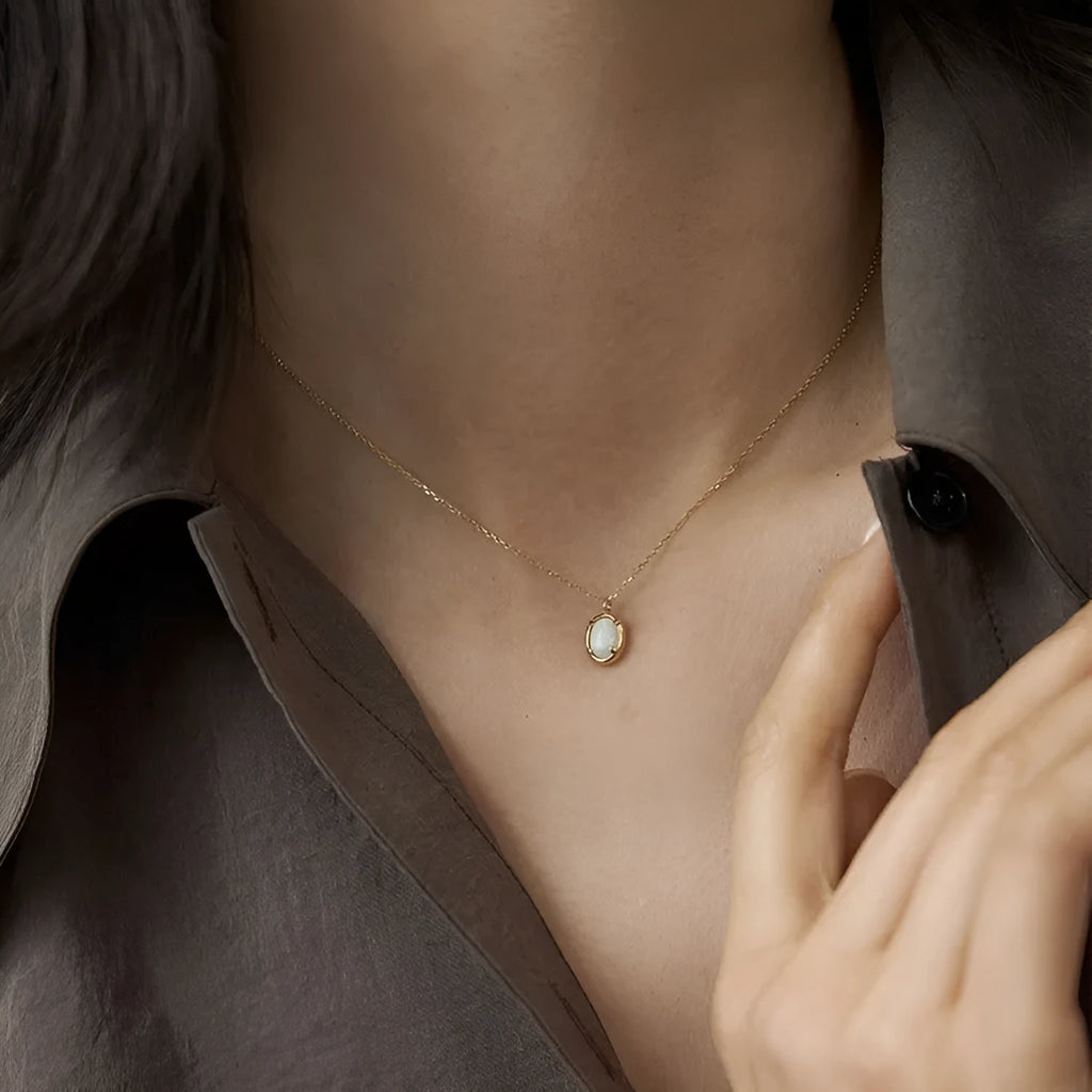 Geometric jelly opal pendant necklace in sterling silver with gold or white gold plating options