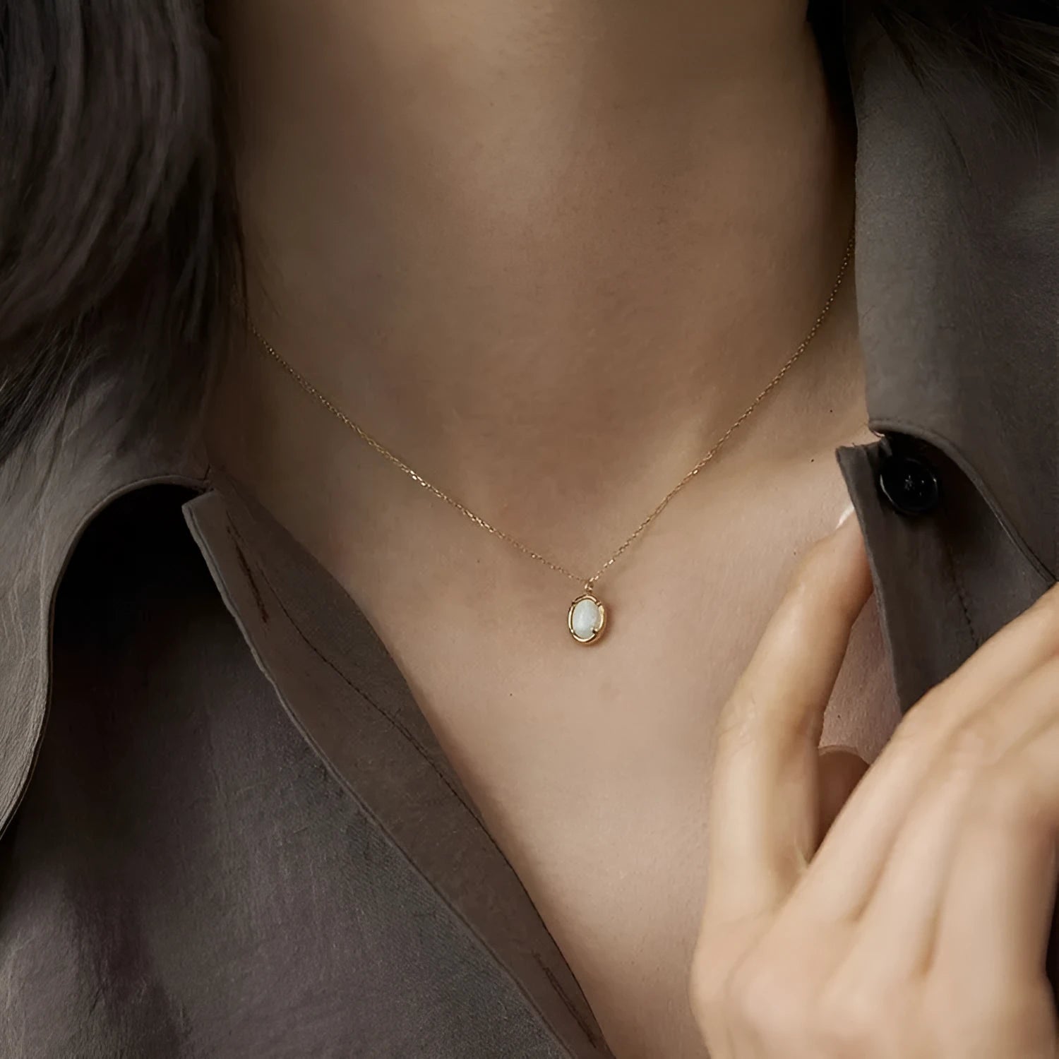 Geometric jelly opal pendant necklace in sterling silver with gold or white gold plating options