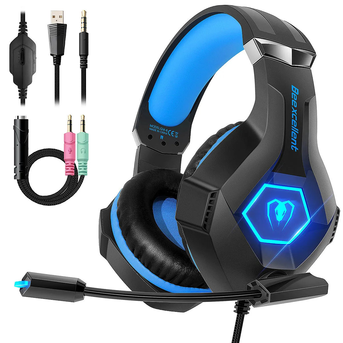 Black gaming headset with luminous blue trim, 50mm drivers, microphone, and dual USB/3.5mm cable