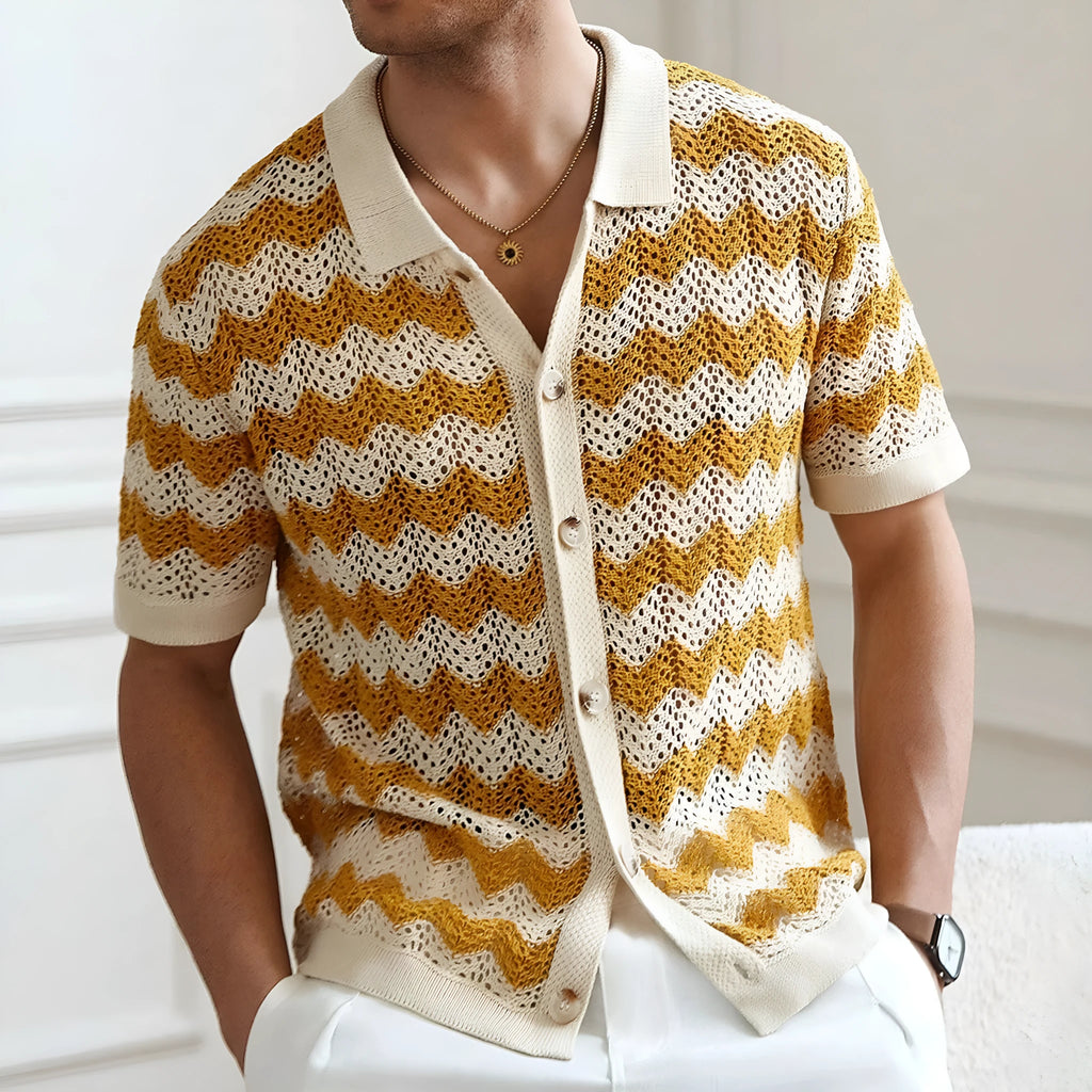 Yellow, blue, and brown short-sleeved sweater with a hollow jacquard corrugated texture.