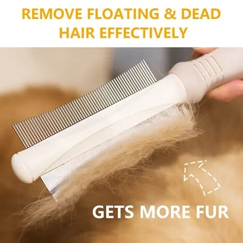 White double-sided dog and cat brush showing comb and deshedding blade with ergonomic handle.