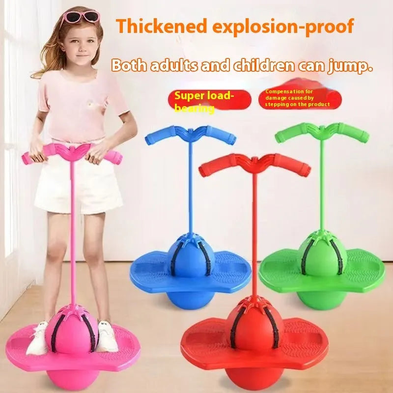 Plastic bouncing ball with handle or cordless options in blue, pink, or purple, for ages 7-14