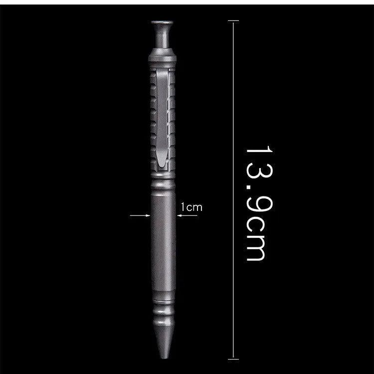 Gunmetal grey titanium tactical pen with push-action decompression mechanism
