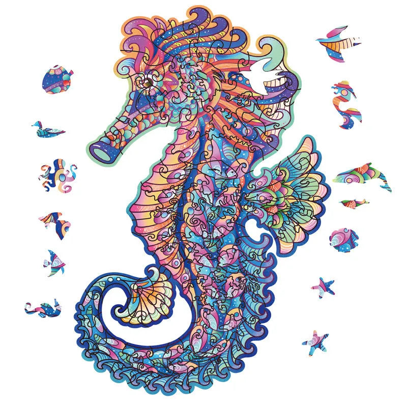 Irregular three-dimensional seahorse shaped wooden puzzle in A5 Haima, A4 or A3 variant