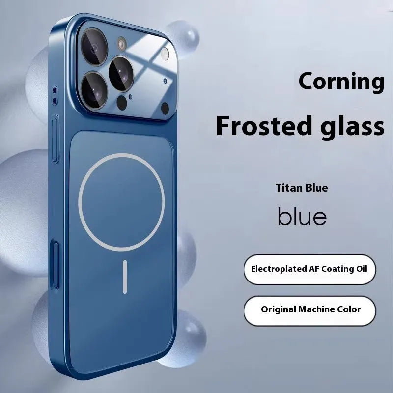 Frosted tempered glass phone case with magnetic suction in black, orange, or titanium grey for iPhone 13 to 17 Pro Max