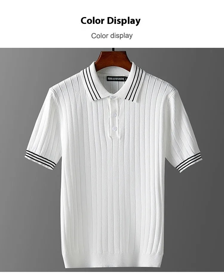 Men's ice silk short sleeve thin lapels polo sweater in black, casual pullover style, viscose fabric